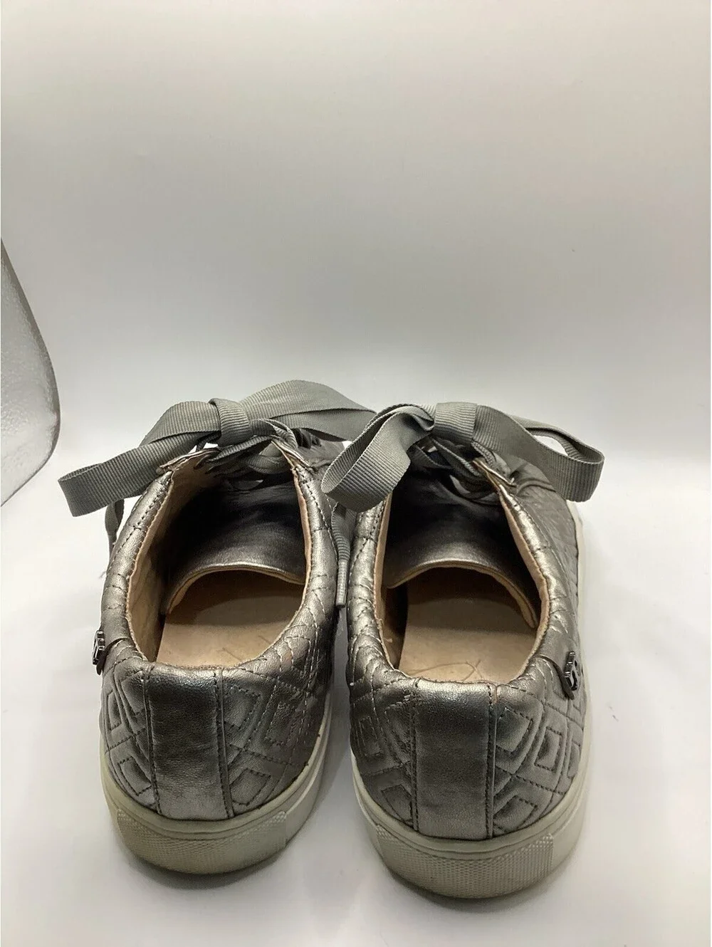 Tory Burch Gold Quilted Leather Low Top Lace-Up Sneakers w/ Logo Accent Size 7.5